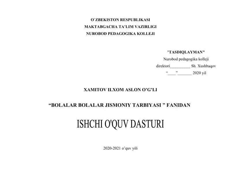 Bolalar jismoniy tarbiyasi fanidan ishchi o‘quv dasturi