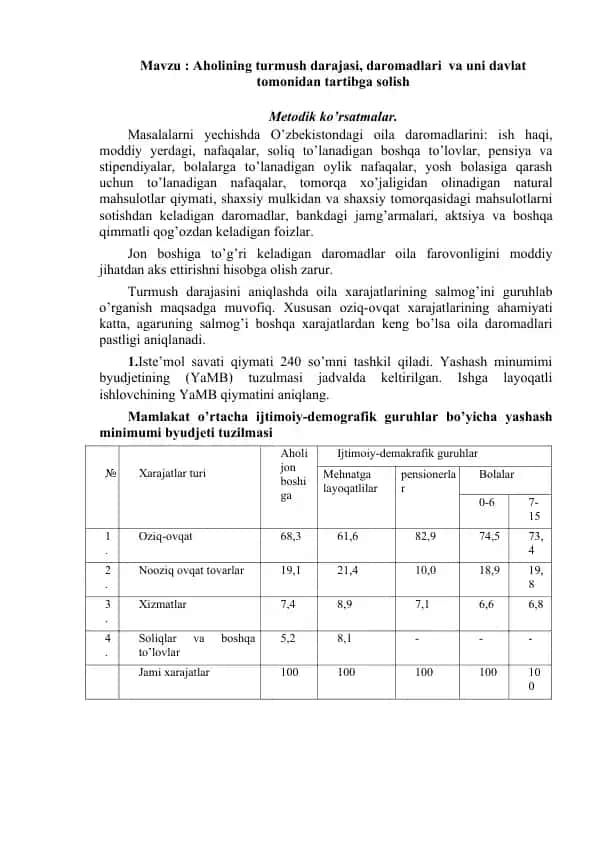 Aholining turmush darajasi, daromadlari va uni davlat tomonidan tartibga solish