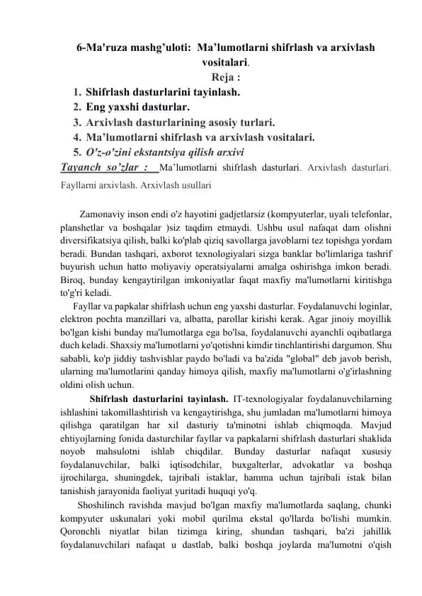 Ma’lumotlarni shifrlash va arxivlash vositalari