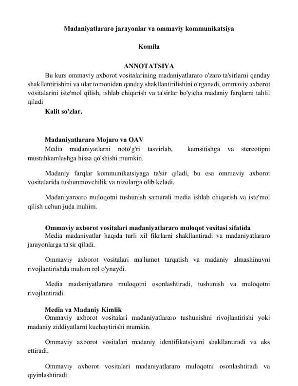 Madaniyatlararo jarayonlar va ommaviy kommunikatsiya Komila