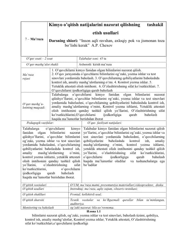 Kimyo o’qitish natijalarini nazorat qilishning tashakil etish usullari