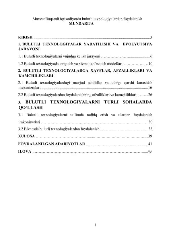 Raqamli iqtisodiyotda bulutli texnologiyalardan foydalanish
