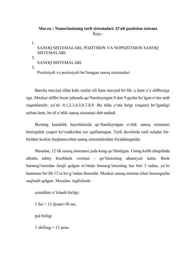Nomerlashning turli sistemalari. O’nli pozitsion sistema