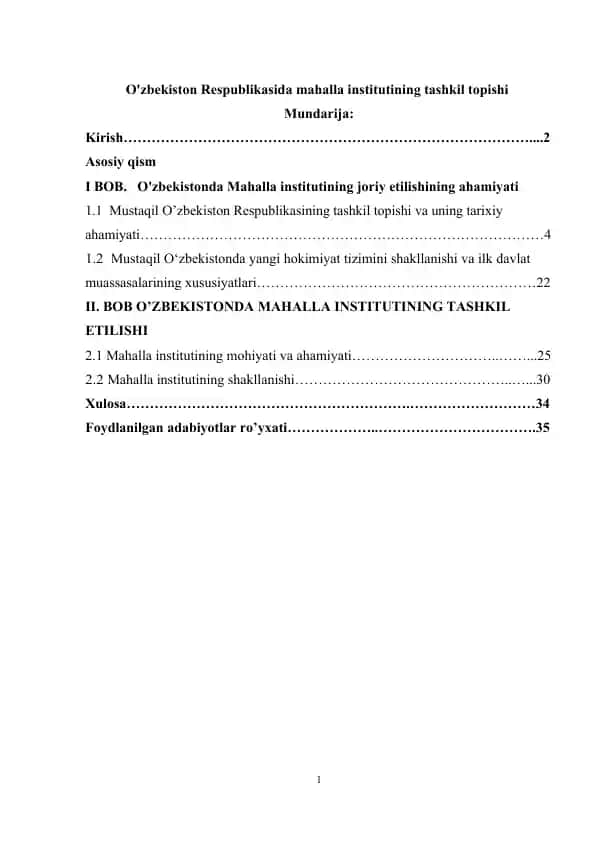 O'zbekiston Respublikasida mahalla institutining tashkil topishi