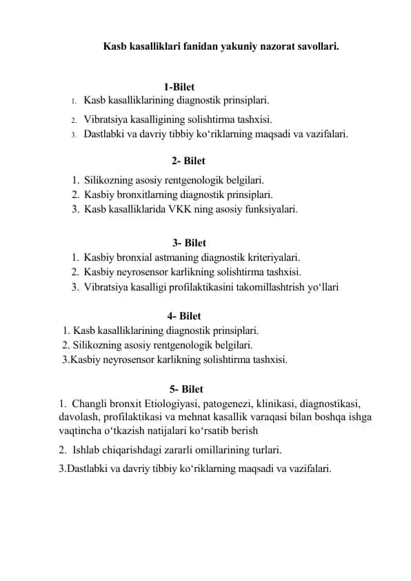 Kasb kasalliklari fanidan yakuniy nazorat savollari