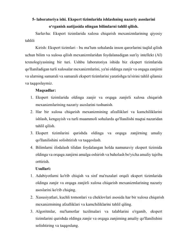 Ekspert tizimlarida xulosa chiqarish mexanizmlarining qiyosiy tahlili
