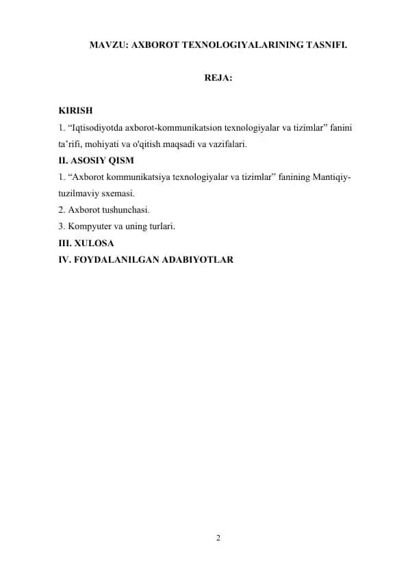 Iqtisodiyotda axborot-kommunikatsion texnologiyalar va tizimlar fanining ta'rifi, mohiyati va o'qitish maqsadi va vazifalari.