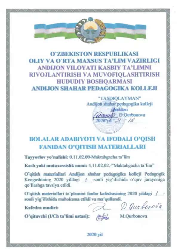 BOLALAR ADABIYOTI VA IFODALI O`QISH fanidan O’QUV DАSTURI