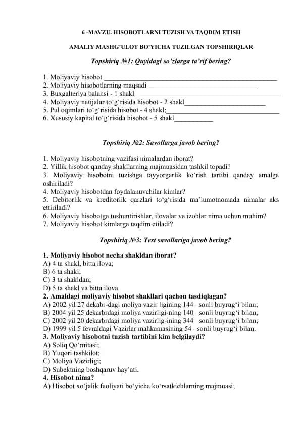 Hisobotlarni tuzish va taqdim etish
