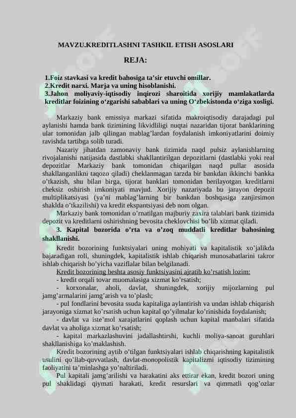 Kredtlarni tashkil etish asoslari