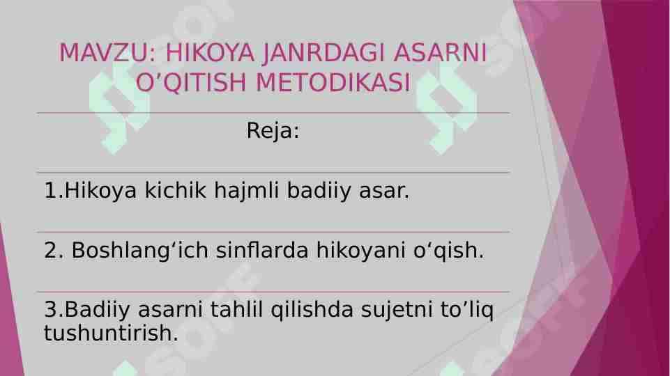 HIKOYA JANRDAGI ASARNI O’QITISH METODIKASI