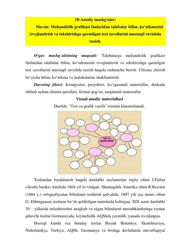 Amaliy mashg‘ulot: Muhandislik grafikasi fanlaridan talabalar bilim, ko‘nikmasini rivojlantirish va tekshirishga qaratilgan test savollarini mustaqil ravishda tuzish