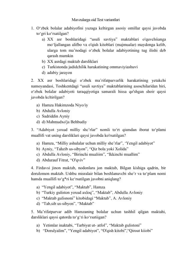 Mavzularga oid Test variantlari