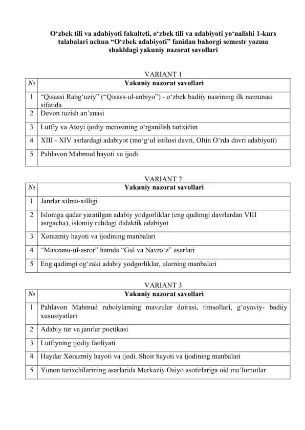 O“O‘zbek adabiyoti” fanidan yozma shakldagi yakuniy nazorat savollari