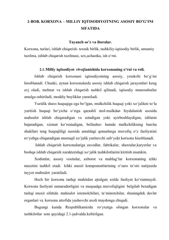 Korxona - Milliy iqtisodiyotning asosiy bo'g'ini sifatida