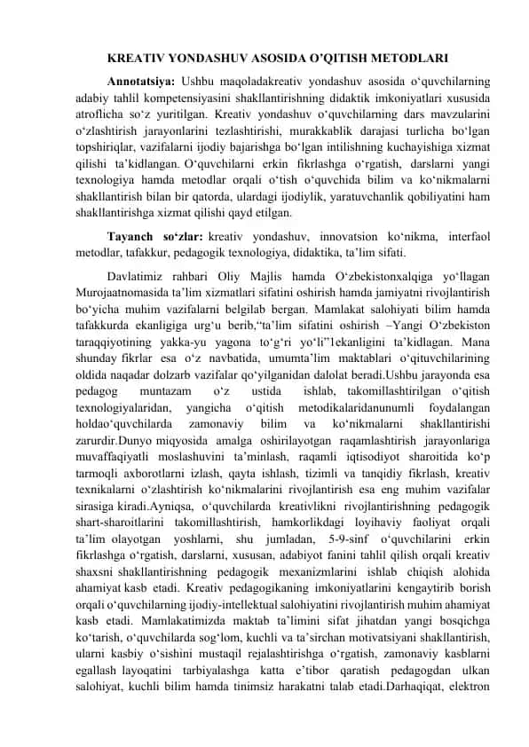 Kreativ Yondashuv Asosida O’qitish Metodlari