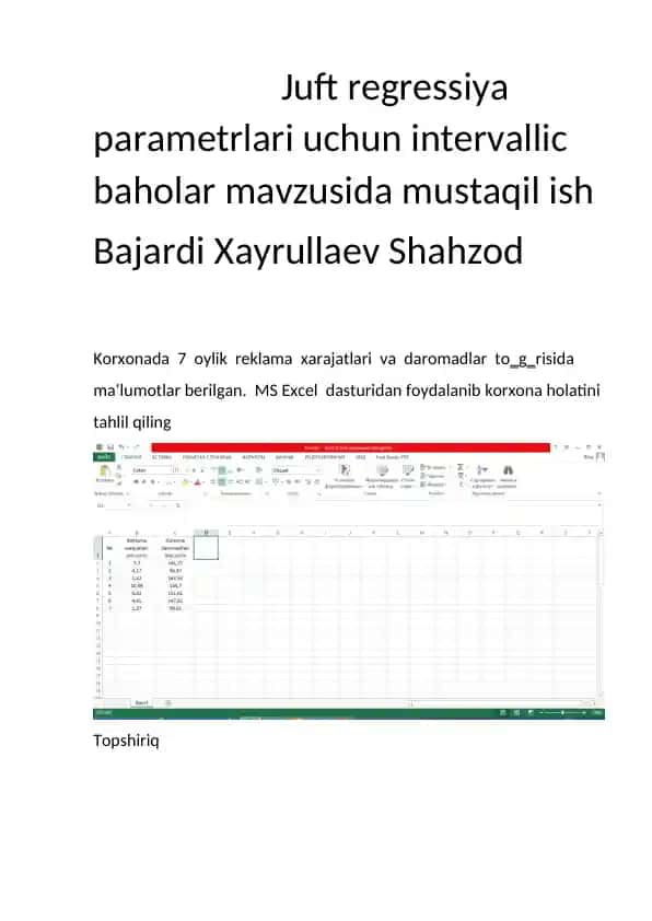 Juft regressiya parametrlari uchun intervallic baholar mavzusida mustaqil ish