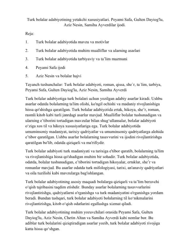 Turk bolalar adabiyotining yetakchi xususiyatlari