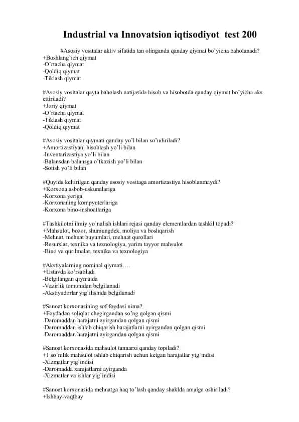 Industrial va Innovatsion iqtisodiyot test 200