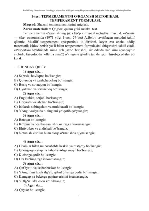 Temperamentni o‘rganish metodikasi
