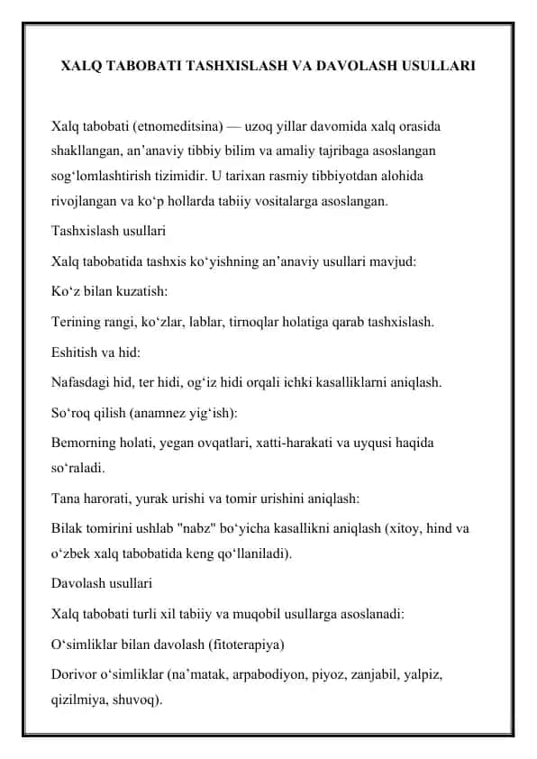 Xalq tabobati tashxislash va davolash usullari