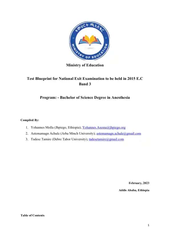 Test Blueprint for National Exit Examination for Bachelor of Science Degree in Anesthesia