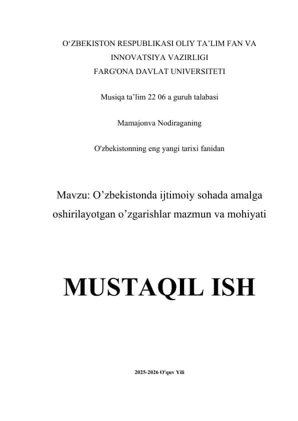 O’zbekistonda ijtimoiy sohada amalga oshirilayotgan o’zgarishlar