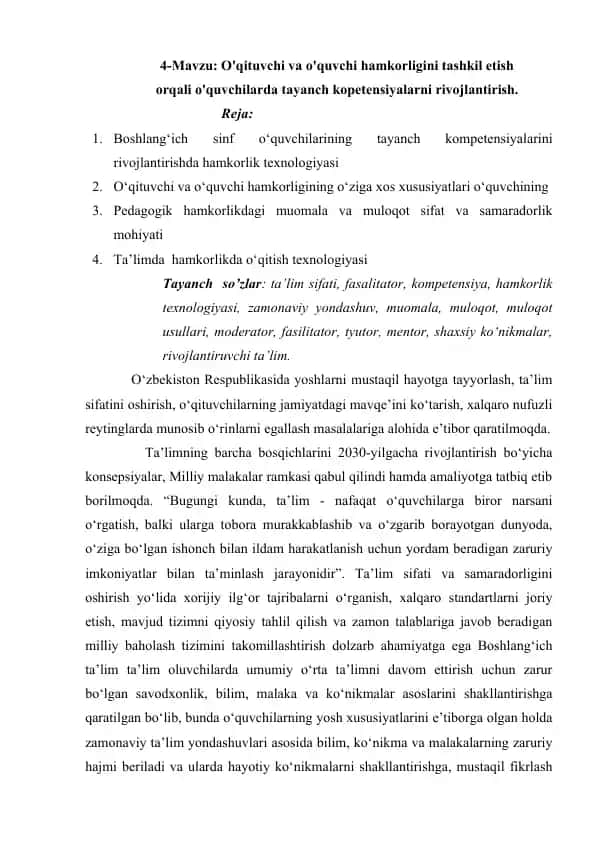 O'qituvchi va o'quvchi hamkorligi tashkil etishda kompetensiyani rivojlantirish