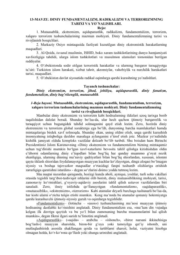 Diniy Fundamentalizm, Radikalizm va Terrorizmning Tarixi va Yo‘nalishlari