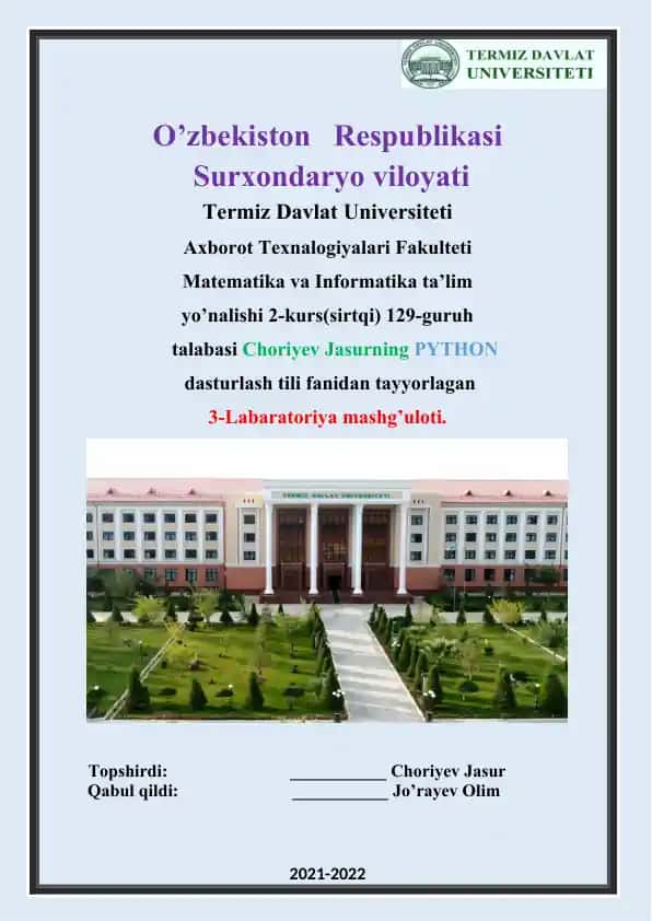 PYTHON dasturlash tili Labaratoriya ishi