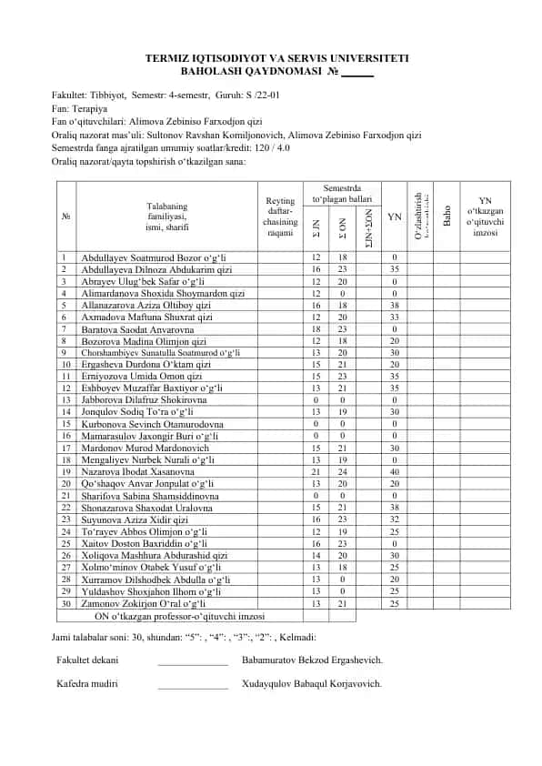 TERMIZ IQTISODIYOT VA SERVIS UNIVERSITETI BAHOLASH QAYDNOMASI