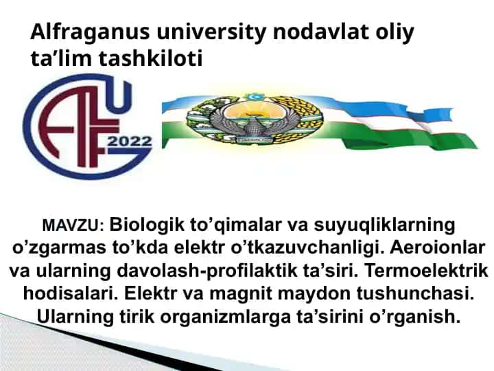 Biologik to’qimalar va suyuqliklarning o’zgarmas to’kda elektr o’tkazuvchanligi. Aeroionlar va ularning davolash-profilaktik ta’siri. Termoelektrik hodisalari. Elektr va magnit maydon tushunchasi. Ularning tirik organizmlarga ta’sirini o’rganish.