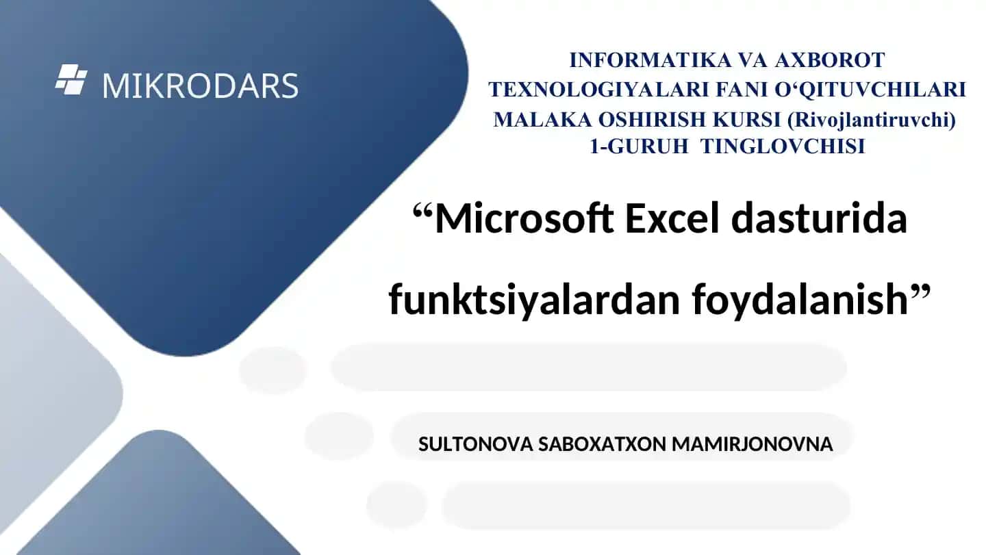 MIKRODARS, excelda funksiyalardan foydalanish