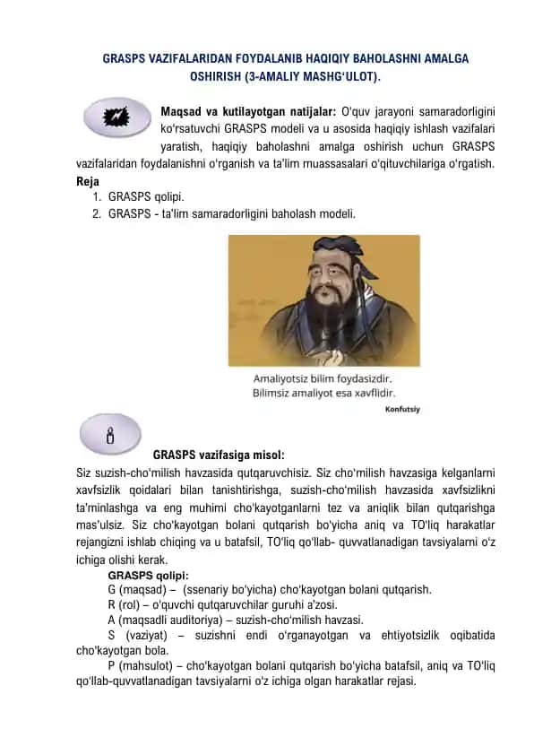 GRASPS VAZIFALARIDAN FOYDALANIB HAQIQIY BAHOLASHNI AMALGA OSHIRISH (3-AMALIY MASHGʻULOT)