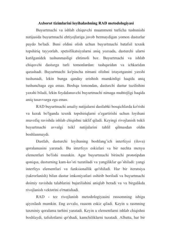 Axborot tizimlarini loyihalashning RAD metodologiyasi