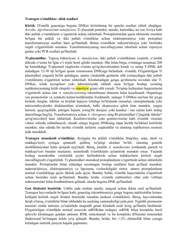 Transgen o'simliklar: olish usullari