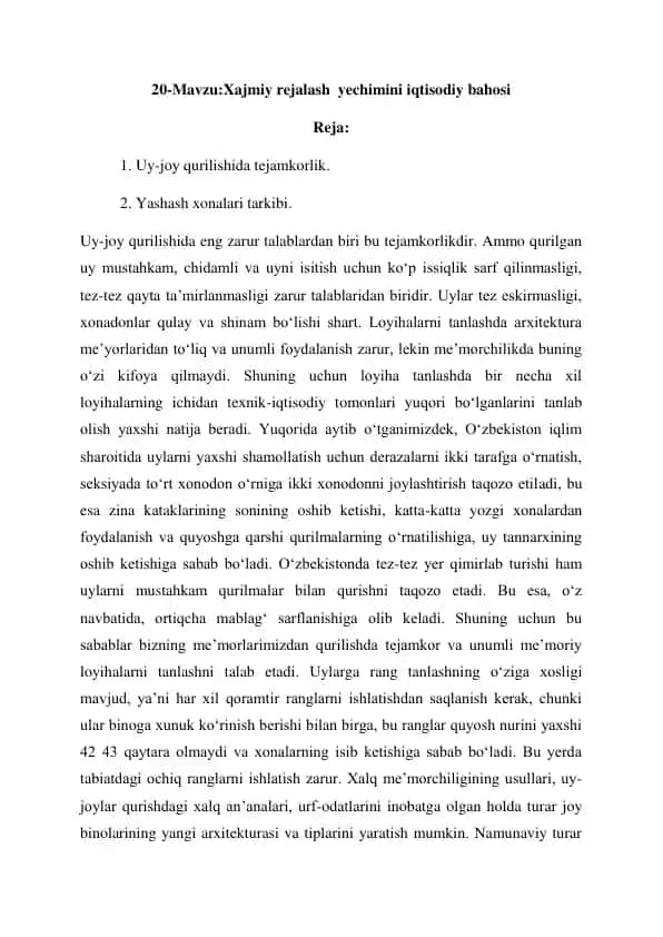 Xajmiy rejalash yechimini iqtisodiy bahosi
