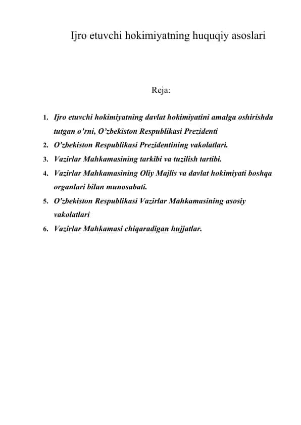 Ijro etuvchi hokimiyatning huquqiy asoslari