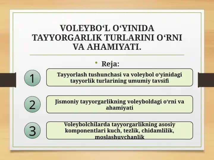 VOLEYBO‘L O‘YINIDA TAYYORGARLIK TURLARINI O‘RNI VA AHAMIYATI.