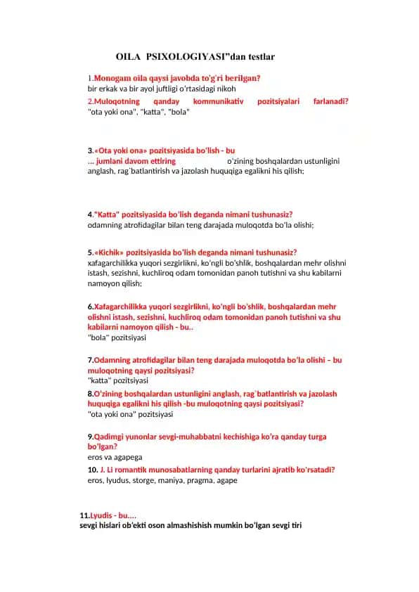 OILA PSIXOLOGIYASI”dan testlar javoblar mavjud emas