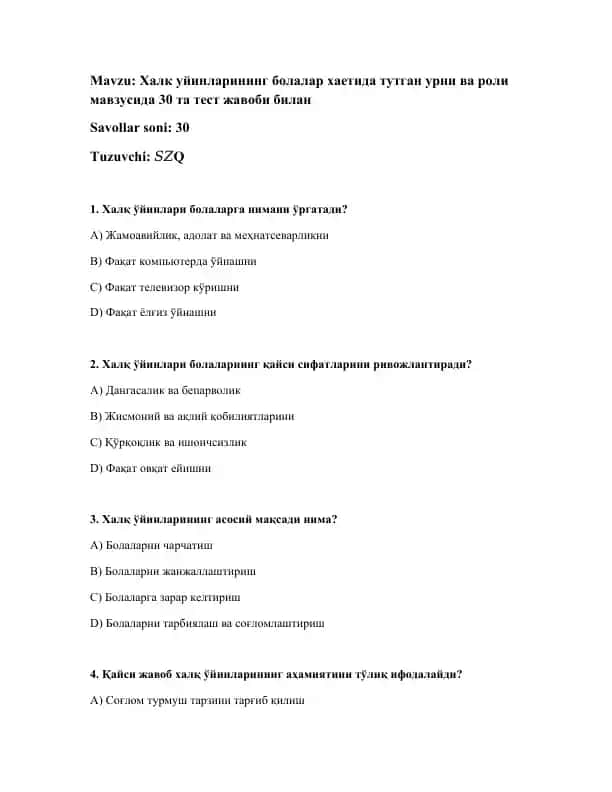 Халқ уйинлари болалар хаетида тутган урни ва роли мавзусида 30 та тест жавоби билан