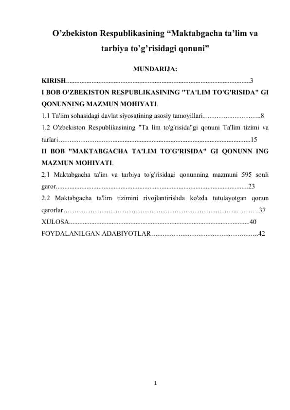 Maktabgacha ta’lim va tarbiya to’g’risidagi qonun