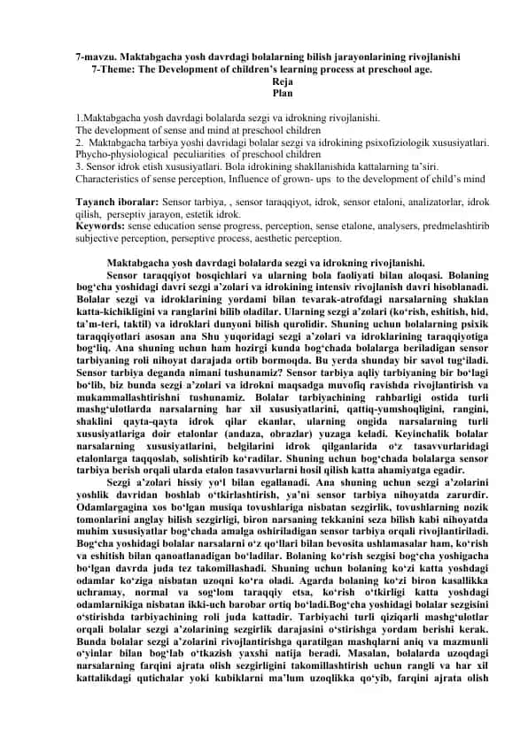 Maktabgacha yosh davrdagi bolalarning bilish jarayonlarining rivojlanishi