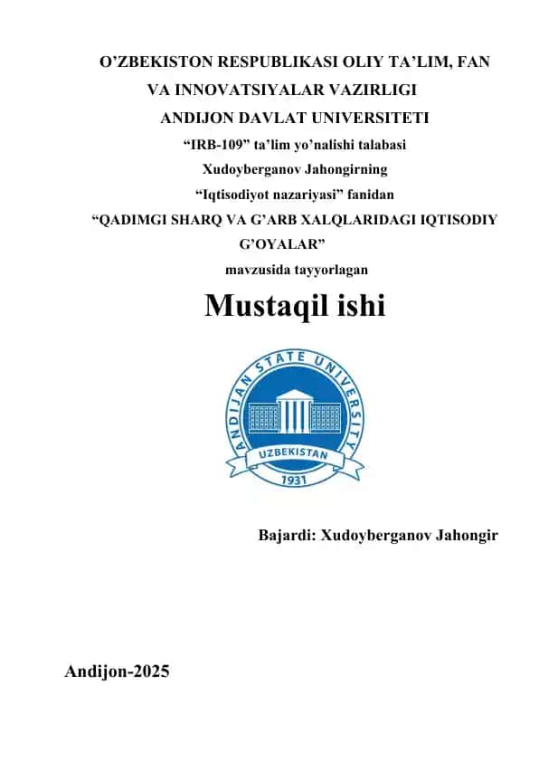 "Qadimgi Sharq va G'arb Xalqlaridagi Iqtisodiy G'oyalar"
