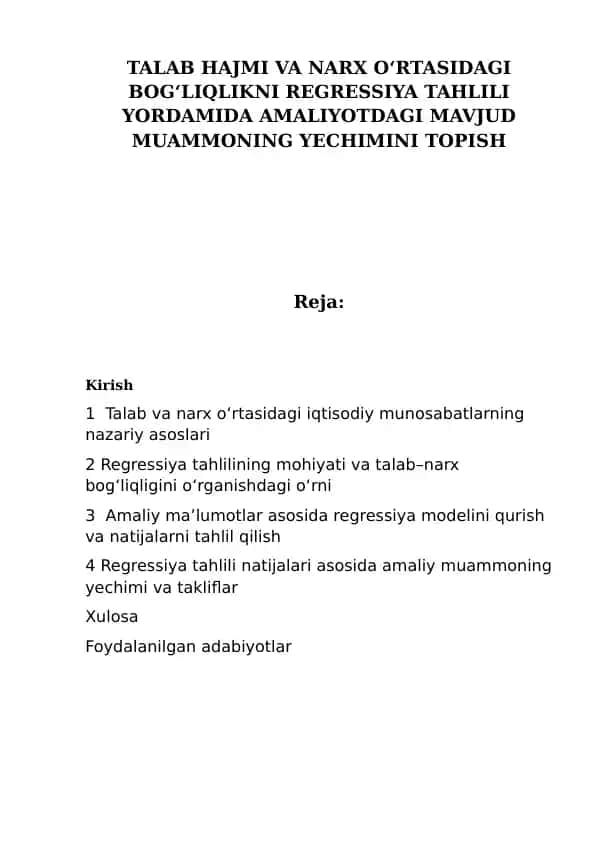Talab Hajmi va Narx O‘rtasidagi Bog‘liqlikni Regressiya Tahlili
