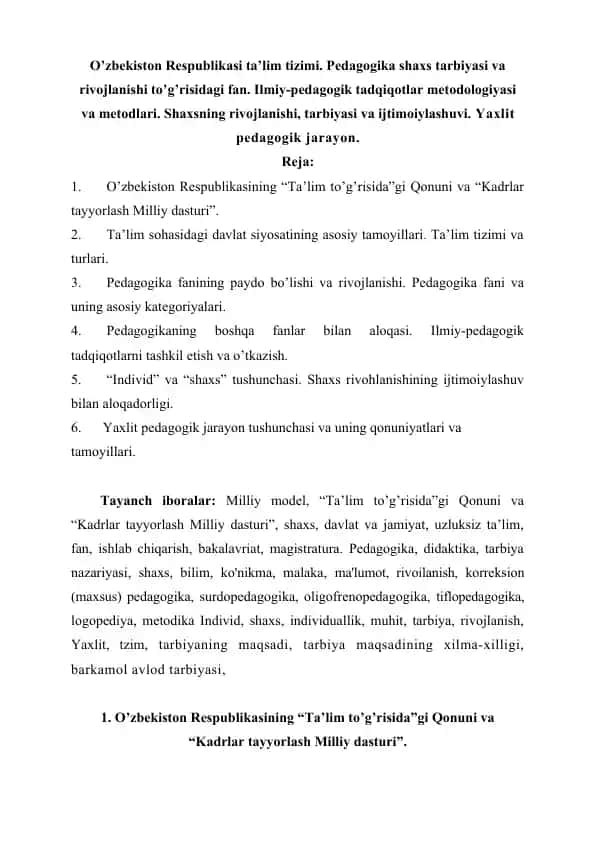 O’zbekiston Respublikasi ta’lim tizimi