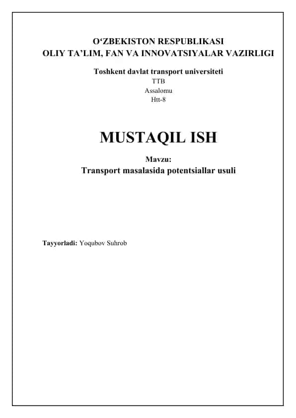 Transport Masalasida Potentsiallar Usuli