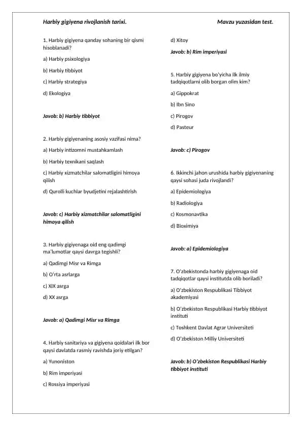 Harbiy gigiyena rivojlanish tarixi