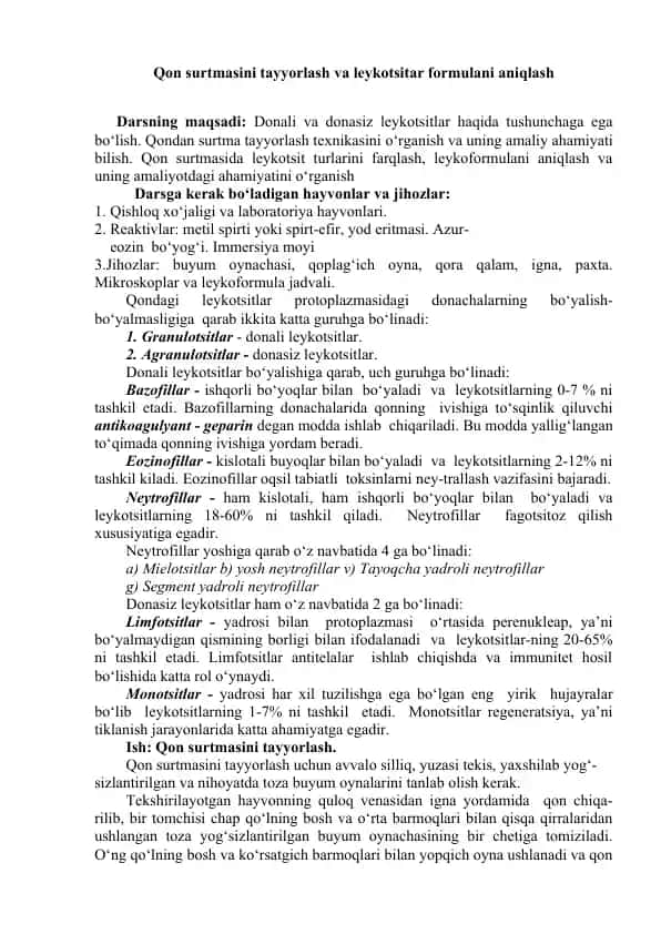 Qon surtmasini tayyorlash va leykotsitar formulani aniqlash