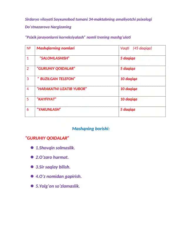 Psixik jarayonlarni korreksiyalash trening mashg'uloti